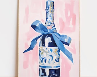 Champagne Art Print, Digital Download, Pink Blue Bow Art, Coquette Wall Art, Soft Girl Aesthetic, Dorm Room Decor, Girly Bar Cart Printable