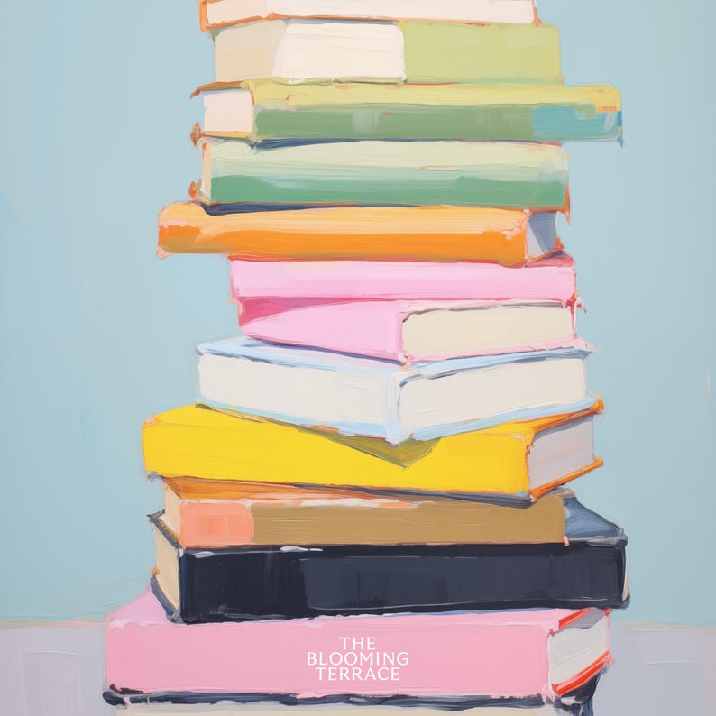 K&ouml;nnte beinhalten: Ein Stapel bunter B&uuml;cher vor einem hellblauen Hintergrund. Das oberste Buch tr&auml;gt den Text "THE BLOOMING TERRACE".