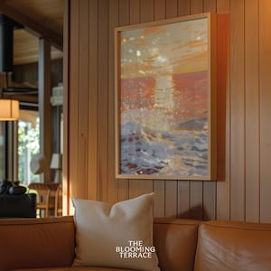 Ocean Sunset Painting with pastel tones, available as a digital download. Perfect for nautical decor, summer preppy style, dorm rooms, and beach house coastal wall art.