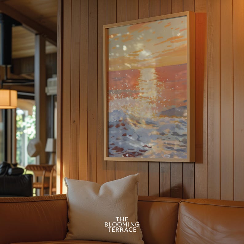 Ocean Sunset Painting with pastel tones, available as a digital download. Perfect for nautical decor, summer preppy style, dorm rooms, and beach house coastal wall art.
