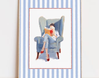 Woman Reading Art Print, Digital Download, Coquette Aesthetic, Cozy Reading Spot, Book Lover Wall Art, Country House Style, Blue Red Poster