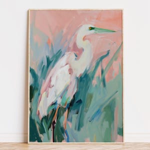 Modern Coastal Heron Art Print, Digital Download, Elegant White Egret in Pink Marsh Landscape, Beach House Wall Art, Beachy Coastal Decor