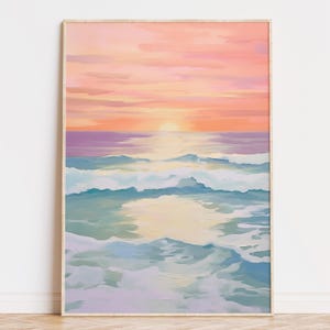Pastell Sonnenuntergang am Meer Gemälde, Digital Download, Meereswellen, Kunst Druck, Sommer Preppy Dekor, Schlafsäle, Beachy Wandkunst