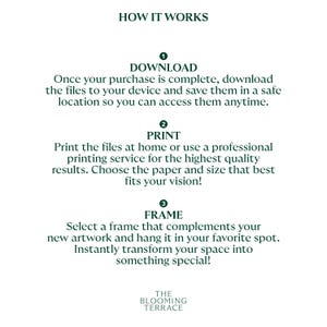 Puede incluir: Un gr&aacute;fico blanco con texto verde que detalla los pasos para descargar, imprimir y enmarcar obras de arte. El texto incluye instrucciones sobre c&oacute;mo guardar archivos, elegir el tama&ntilde;o del papel y colgar la obra de arte. El logotipo de Blooming Terrace est&aacute; en la parte inferior.