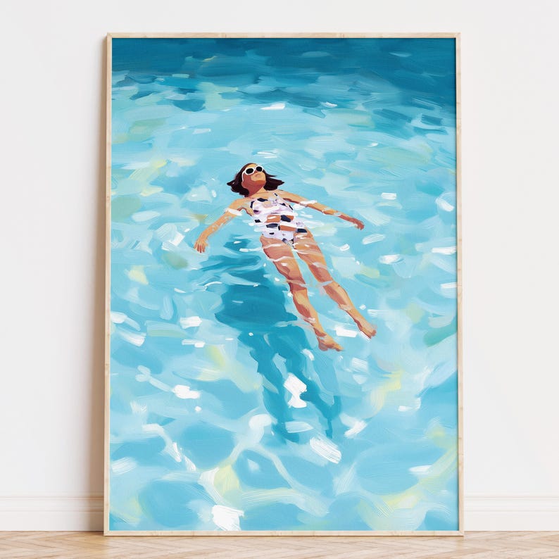 Painting of a woman in a white swimsuit and sunglasses floating on her back in turquoise pastel water under the summer sun.