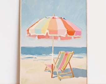 Beach umbrella and chair print, digital download, parasol wall art, coastal summer house decor