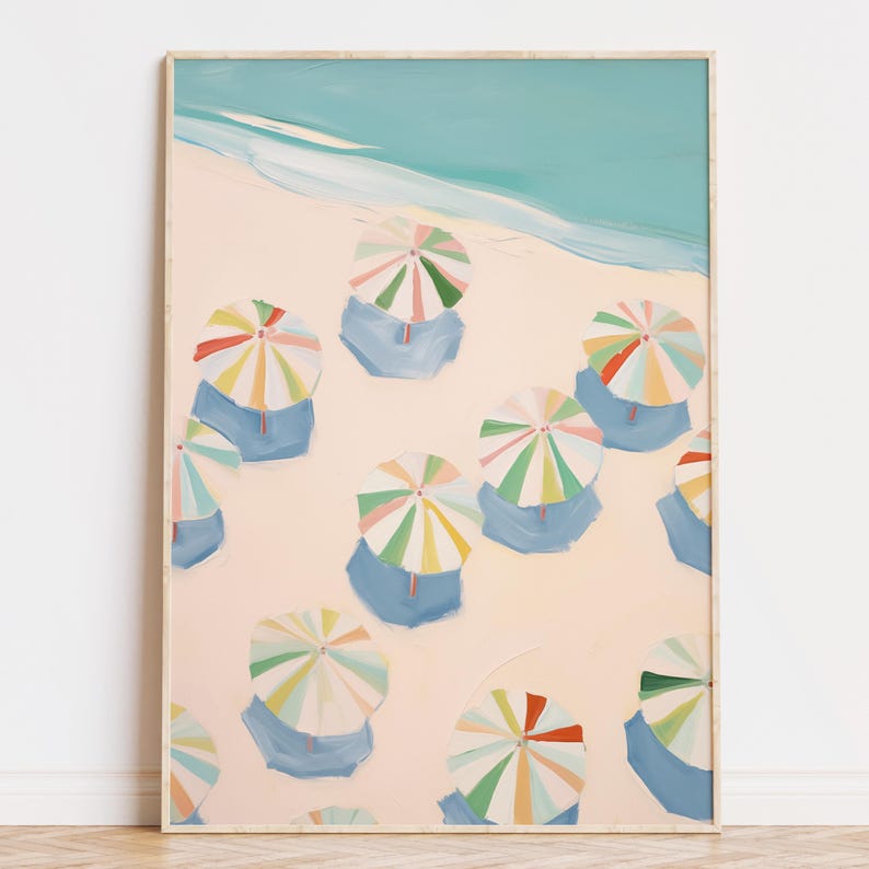 Vibrant pastel painting of colorful beach umbrellas arranged neatly on a sandy shore near the ocean. The artwork features soft hues of blue, green, pink, yellow, and red under a turquoise sea and a serene sky, creating a calm, tropical and coastal atmosphere perfect for summer and seaside decor.