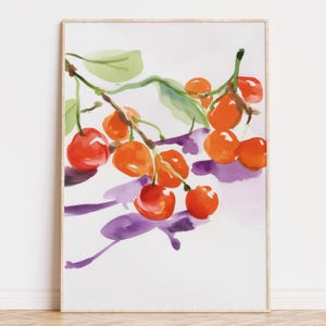 Aquarel kersenfruit Art Print, digitale download, keukenmuurdecoratie, kleurrijk schilderij Cottagecore-fruit, digitale download, moderne zomerkunstwerken