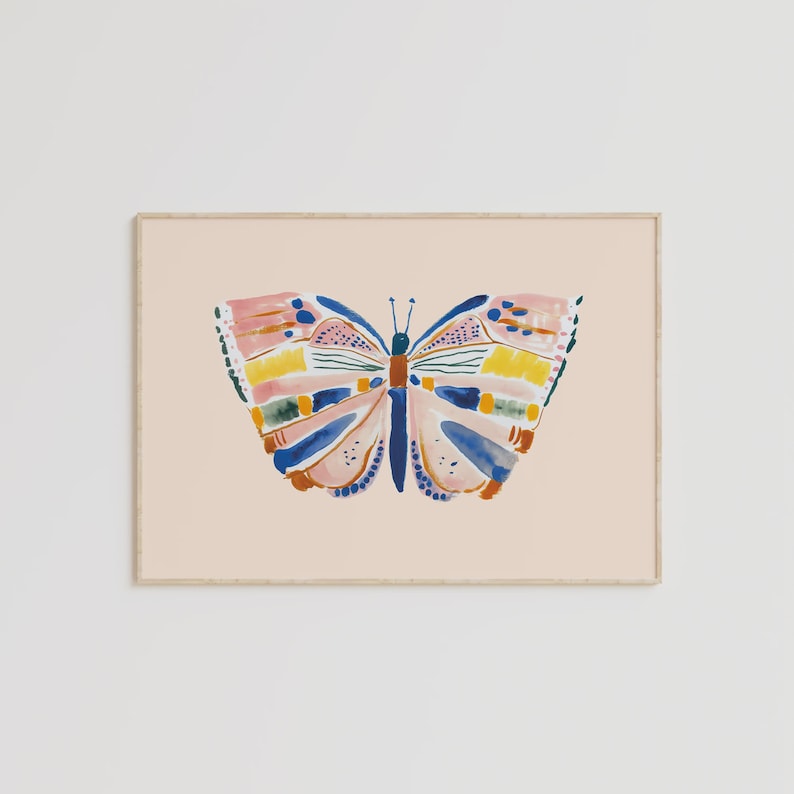Hand-painted butterfly with bold brushstrokes in orange, pink, blue, and yellow on a soft peach background. Colorful whimsical digital wall art, perfect for nursery, kids’ bedroom, or playful spring decor.