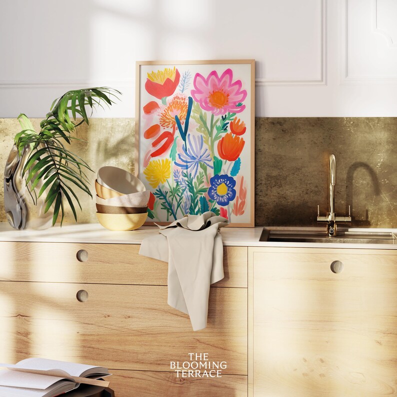 Colorful summer flowers print in a soft girl aesthetic, perfect for farmhouse room decor or preppy wall art. Digital download featuring cottagecore botanical vibes for dorm spaces.