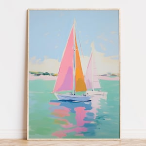 Pastel colored sailboat Painting, Digital Download, Abstract Coastal Pastel Wall Art Print, Summer Preppy Decor, Beachy Wall Art House Print