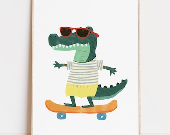 Impresión de patineta de cocodrilo, arte deportivo para guardería, póster para sala de juegos infantil (descarga digital)