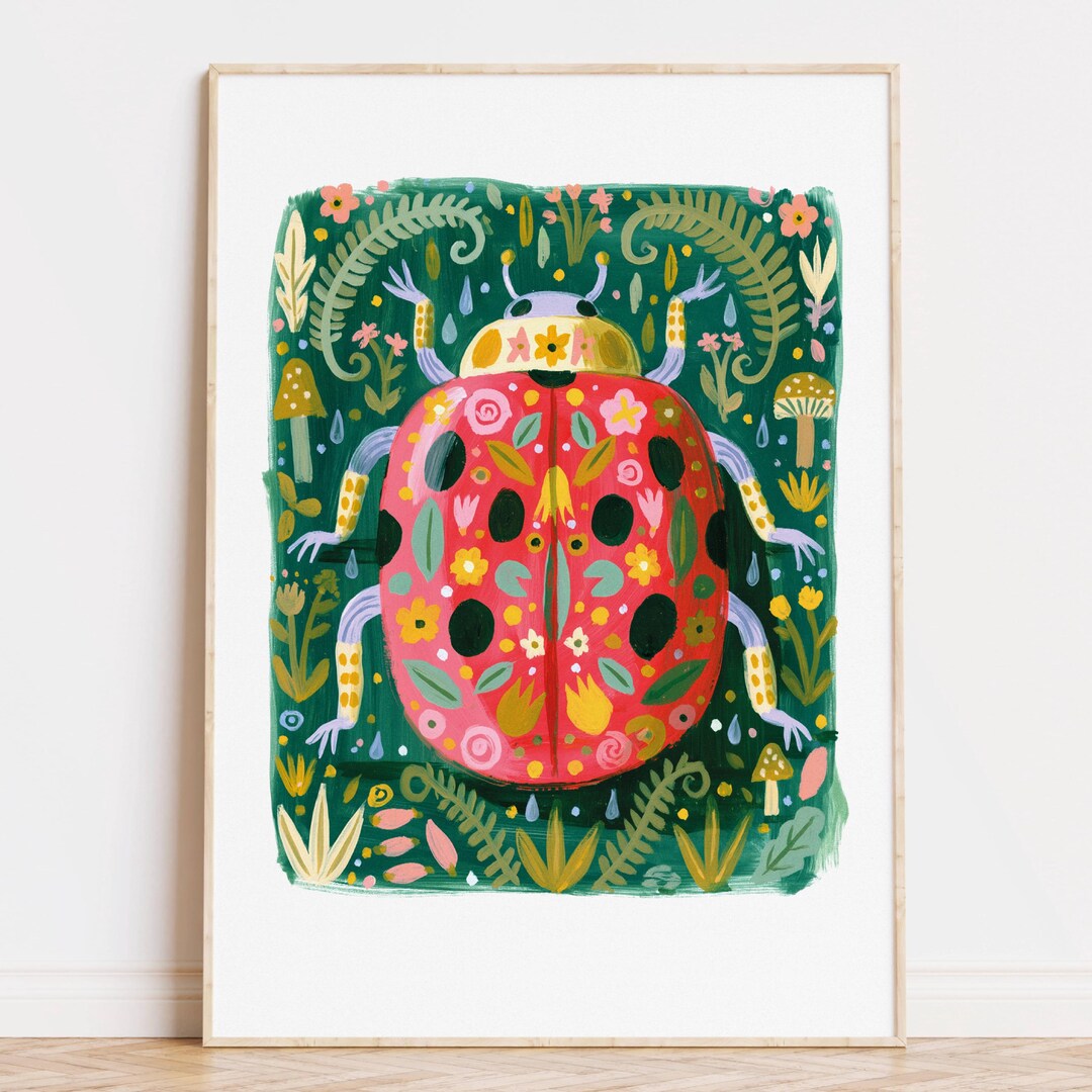 Ladybug Wall Art Folk Art Botanical Print Whimsical Nursery Decor ...