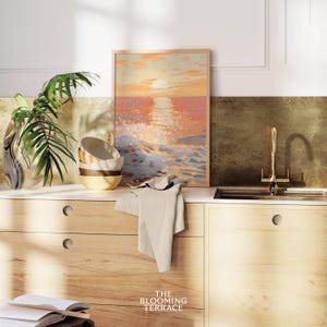 Ocean Sunset Painting with pastel tones, available as a digital download. Perfect for nautical decor, summer preppy style, dorm rooms, and beach house coastal wall art.