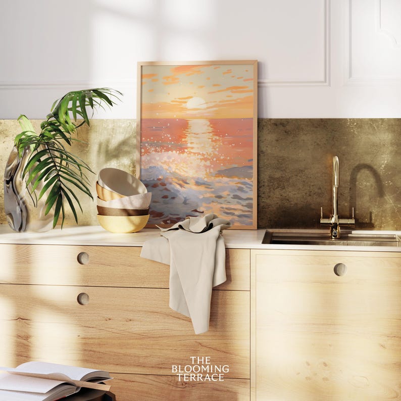 Ocean Sunset Painting with pastel tones, available as a digital download. Perfect for nautical decor, summer preppy style, dorm rooms, and beach house coastal wall art.