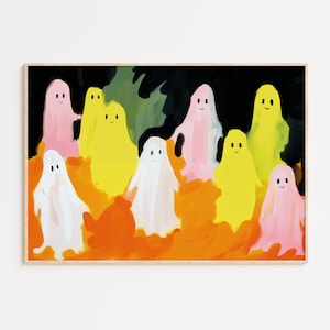 Colorful Ghost Family Painting, Halloween Digital Download, Girly Halloween Wall Art Print, Dopamine Decor, Kid&#39;s Room Printable, Spooky Art