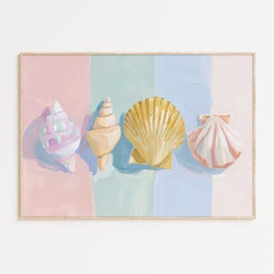 Decorazione murale con conchiglie pastello, download digitale, stampa di illustrazioni di conchiglie costiere, decorazione da spiaggia delicata, opera d&#39;arte estiva ispirata all&#39;oceano