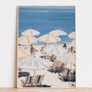 Cuadro de playa con tumbonas, impresión de arte de pared costera, decoración de verano, descarga digital, impresión de casa de playa vintage, póster de costa de Francia e Italia