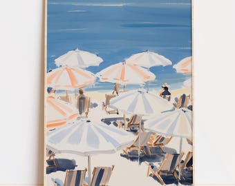 Beach with Sunbeds painting, Coastal Wall Art Print, Summer Decor, Digital Download, Vintage Beach House Print, France & Italy Shore Poster