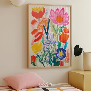 Colorful summer flowers print in a soft girl aesthetic, perfect for farmhouse room decor or preppy wall art. Digital download featuring cottagecore botanical vibes for dorm spaces.