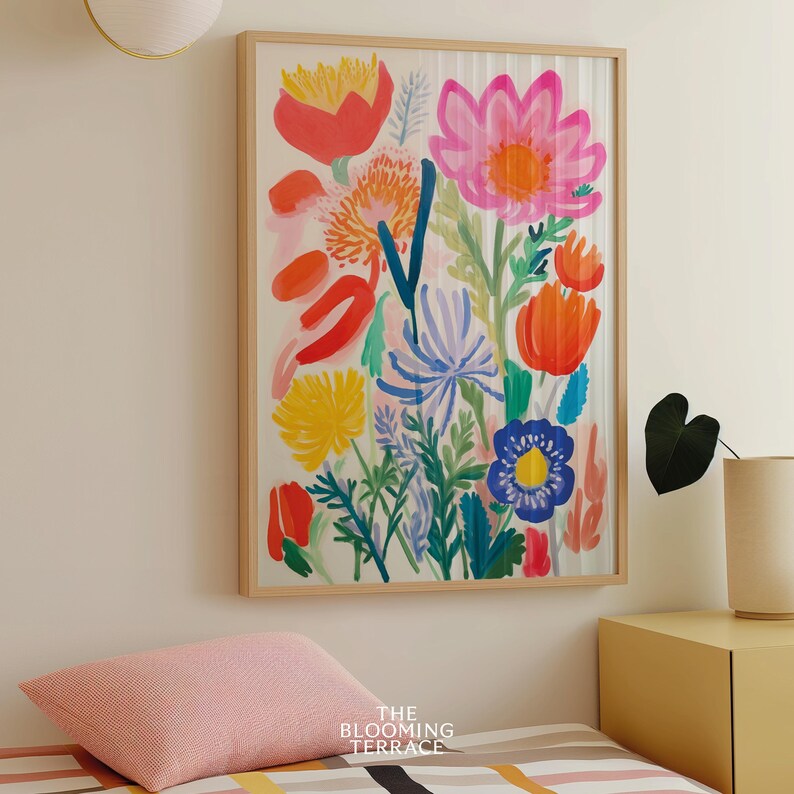 Colorful summer flowers print in a soft girl aesthetic, perfect for farmhouse room decor or preppy wall art. Digital download featuring cottagecore botanical vibes for dorm spaces.
