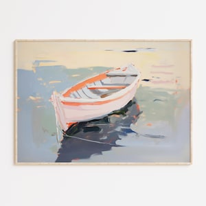 Pintura de bote de remos, descarga digital, arte mural costero en tonos pastel, decoración náutica minimalista, estilo campestre francés, impresión de casa de playa en el lago