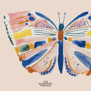 Hand-painted butterfly with bold brushstrokes in orange, pink, blue, and yellow on a soft peach background. Colorful whimsical digital wall art, perfect for nursery, kids’ bedroom, or playful spring decor.