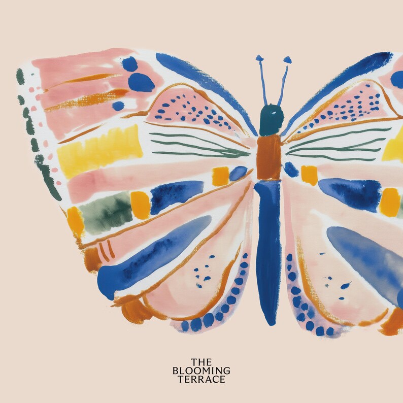 Hand-painted butterfly with bold brushstrokes in orange, pink, blue, and yellow on a soft peach background. Colorful whimsical digital wall art, perfect for nursery, kids’ bedroom, or playful spring decor.