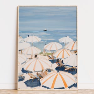 Cuadro Sombrillas en la playa, Impresión de arte mural costero, Descarga digital, Impresión de casa de playa, Póster del sur de Francia, Italia, Arte de acuarela