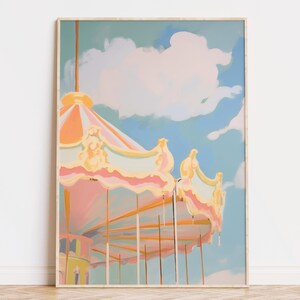 May include: A pastel-coloured carousel with a pink, yellow and green canopy against a blue sky with a fluffy white cloud. The carousel is painted with gold accents and has a whimsical feel.