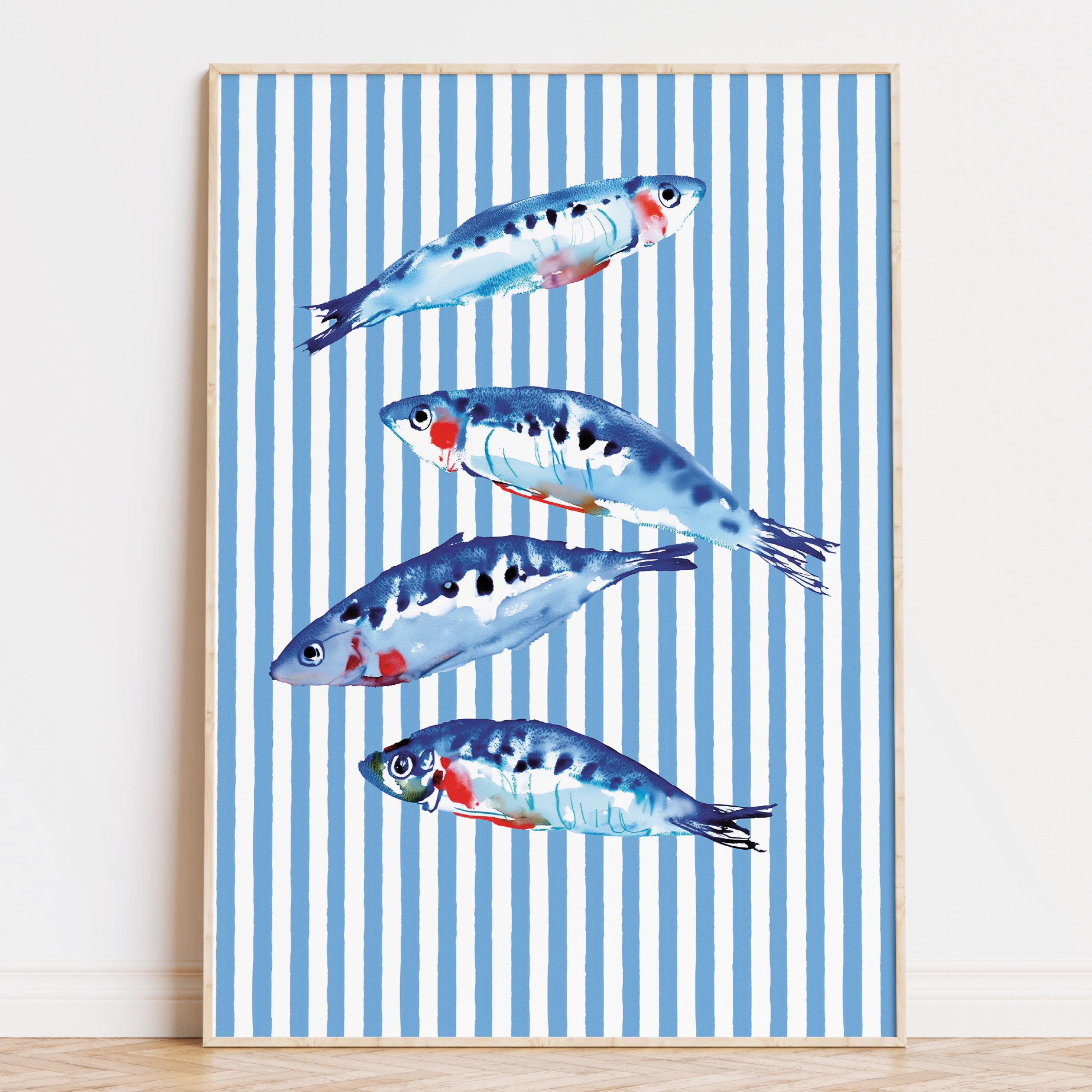 Sardine Watercolor Print, Digital Download, Coastal Kitchen Wall Art, Nautical Maritime Fish Illustration, Blue Stripe Seafood Decor