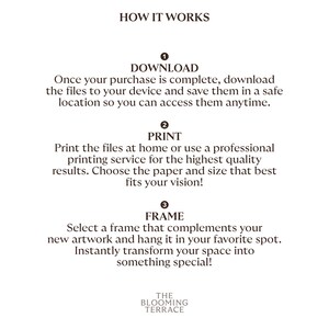 May include: How to download, print, and frame digital art.  The steps are numbered 1, 2, and 3.  The text says "Download, Print, Frame".  The text also says "The Blooming Terrace".