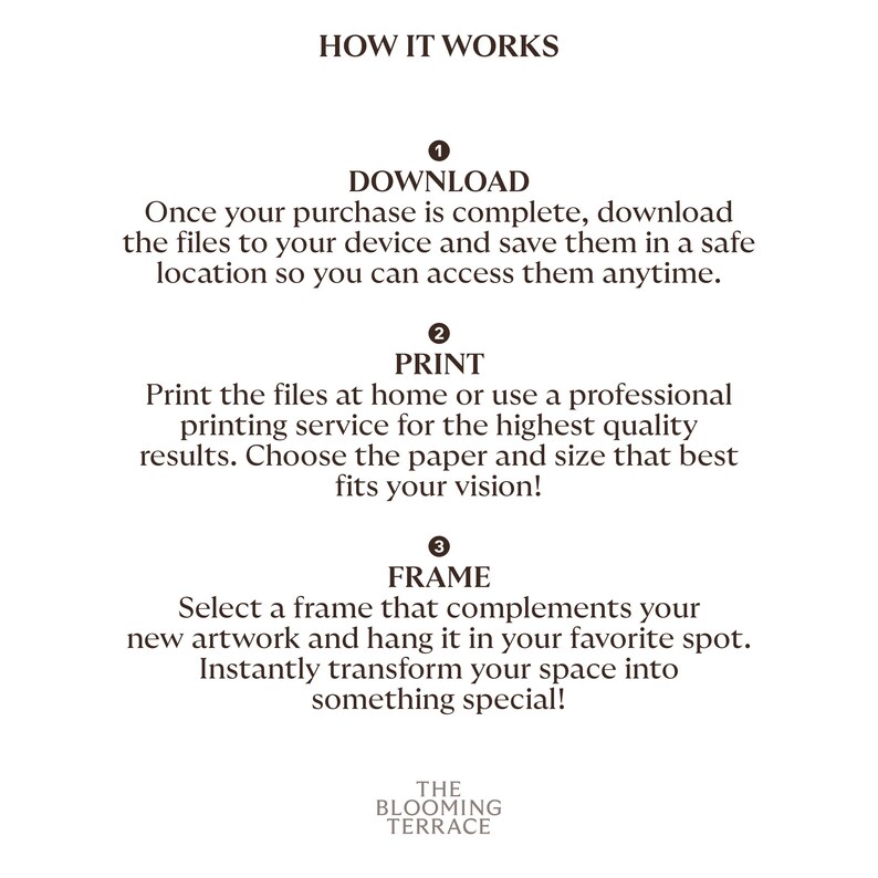 May include: How to download, print, and frame digital art.  The steps are numbered 1, 2, and 3.  The text says "Download, Print, Frame".  The text also says "The Blooming Terrace".