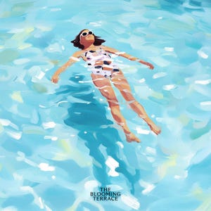 Painting of a woman in a white swimsuit and sunglasses floating on her back in turquoise pastel water under the summer sun.