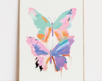 Cuadro de mariposa en tonos pastel, decoración para habitación femenina (descarga digital)