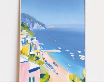 Arte della Costiera Amalfitana, download digitale, stampa di paesaggi mediterranei in colori pastello, decorazioni in riva al mare