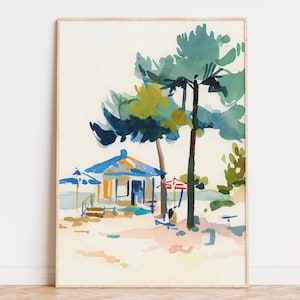 Impresión de un bar de playa bajo los árboles, descarga digital, arte mural costero, arte playero del sur de Francia, decoración de casas playeras, arte colorido para habitaciones playeras