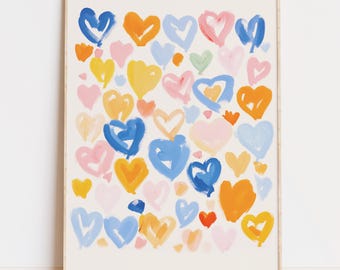 Colorful Hearts Print, Boho Rainbow Art, Valentines Painting, Playroom Decor (Digital Download)
