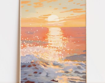 Ocean Sunset Painting, Soft Pastel Art, Beachy Home Decor (Digital Download)