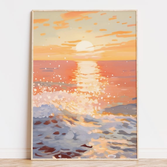 Ocean Sunset Painting, Soft Pastel Art, Beachy Home Decor (Digital Download)