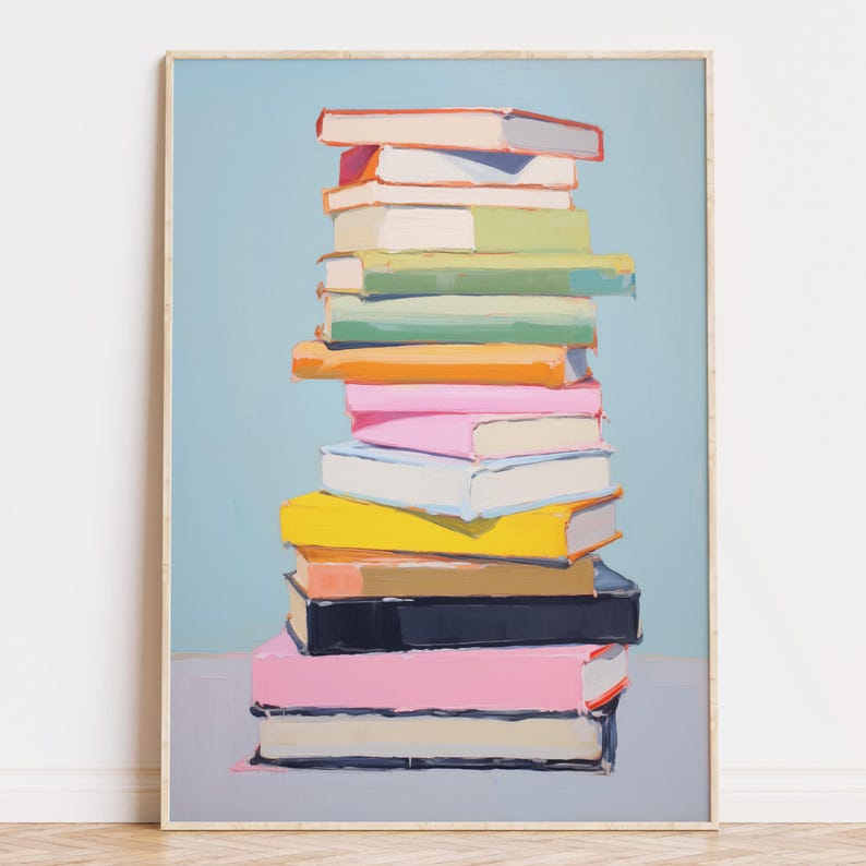 K&ouml;nnte beinhalten: Ein Stapel bunter B&uuml;cher in verschiedenen Farbt&ouml;nen von Rosa, Gelb, Gr&uuml;n, Blau und Orange vor einem hellblauen Hintergrund.