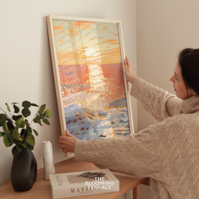 Ocean Sunset Painting with pastel tones, available as a digital download. Perfect for nautical decor, summer preppy style, dorm rooms, and beach house coastal wall art.