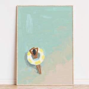 Woman floating in pool wall art, Digital Download, summer print with pastel water, serene vacation illustration, coastal relaxation decor