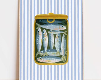 Sardines Art Print, Coastal Kitchen Poster, Blue Striped Maritime Decor (Digital Download)