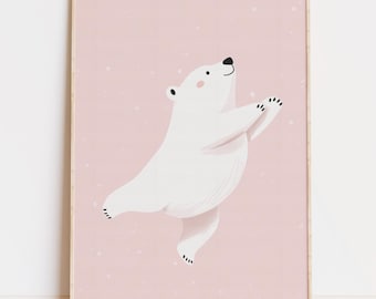 Cute Polar Bear Art Print, Digital Download, Soft Pink Nursery Wall Art, Kids Room Decor, Boho Animal Artwork, Whimsical Baby Room Decor