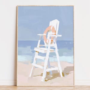 Lifeguard Chair Beach Wall Art, Digital Download, Pastel Coastal Rescue Decor, Minimal Seaside Scene Print, Summer Ocean Safety Illustration