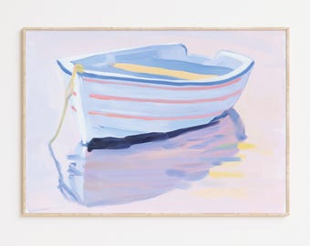 Pastel rowboat wall art, Digital Download, calm nautical seascape print, soft summer coastal decor