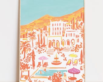Mediterranean art, digital download, Coastal villa print, seaside summer resort pool scene illustration