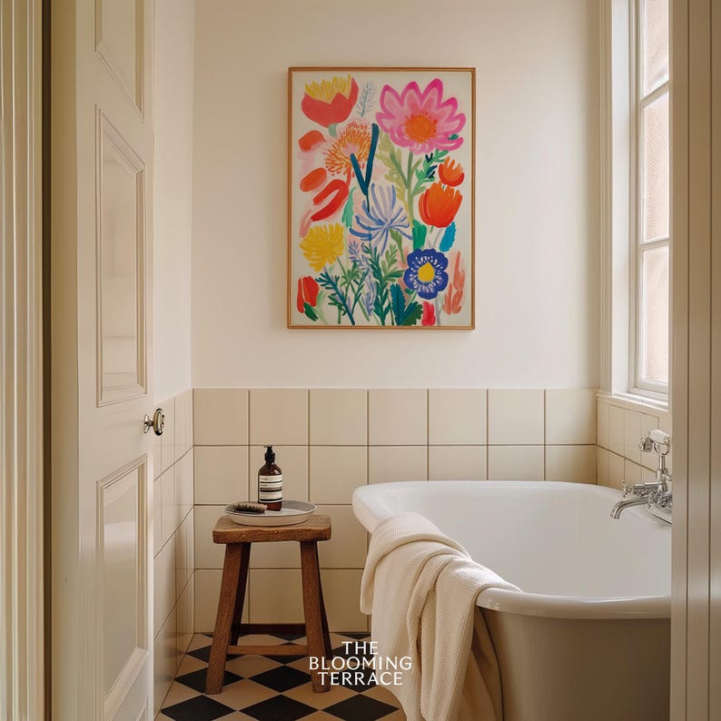 Colorful summer flowers print in a soft girl aesthetic, perfect for farmhouse room decor or preppy wall art. Digital download featuring cottagecore botanical vibes for dorm spaces.
