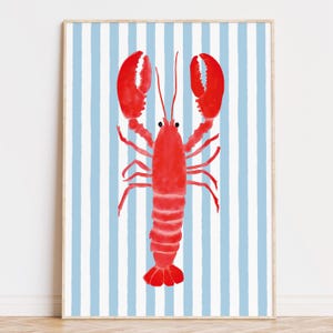 Lobster Watercolor Print, Digital Download, Nautical Coastal Kitchen Wall Art, Red Lobster on Blue Stripes, Beach House Decor